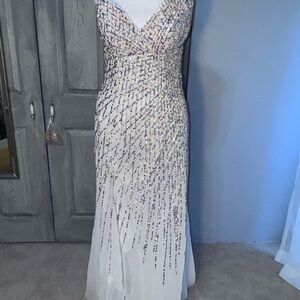 Dave & Johnny Cream Sequin Embellished Gown